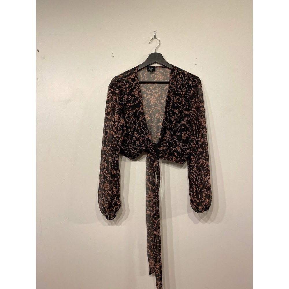 Bardot Women Black Pink Floral Sheer Tie Front Crop Top Blouse Long Sleeve M